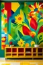 Placeholder: Create a handpainted wall mural by arranging squares to form abstract flowers and plants. Use a palette of vibrant and natural colors to bring life to the mural. Color Palette: Emerald green, sunflower yellow, ruby red, sky blue.