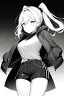 Placeholder: blonde girl with ponytails dressed in a jacket and shorts, dark corridor, greyscale