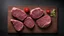 Placeholder: Food backgrounds: overhead view of two raw juicy beef steak fillets on a cutting board shot on black table. The composition is at the left of an horizontal frame leaving useful copy space for text and/or logo at the right. High resolution 42Mp studio digital capture taken with SONY A7rII and Zeiss Batis 40mm F2.0 CF lens