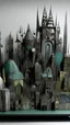 Placeholder: A grayish mint colored ancient African cyberized city made out of steel designed in Javanese shadow puppets painted by Wassily Kandinsky