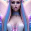 Placeholder: beautiful, soft, big smile face, whole head, long straight blonde hair blues eyes, crown on the head, clothing in transparent bluish and pink veil,fairy wings on the back, background brillante bluish and pink, hight definition, 8K