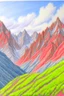 Placeholder: colored pencil drawing, realistic, pencil, mountains