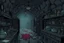 Placeholder: dark scary old corridor with a lot of old items on the counter, cartoon style, full view