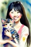 Placeholder: A cute smiling asian girl is holding a kitten. Watercolour