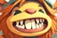 Placeholder: closeup on face of cute character with fur and big toothy grin, peculiar character style