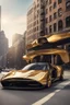 Placeholder: creates a concept supercar in '70s style with a retro-futuristic bodywork in gold and black on a street of New York, with a bright sky