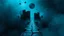 Placeholder: passage over nothingness, surreal, dark and cold abstract artwork dominated by deep blue, icy cyan, charcoal black and muted steel-grey tones. An narrow passageway emerges from an abstract distorted weird landscape, surrounded by thick fog and drifting mist. The space feels nightmare, alien and unsettling, with floating circles and balls geometric forms, fragmented ruins, perspective. At the center of the composition cracked stone way over abyss
