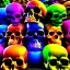 Placeholder: a picture of a dark, comedic, anatomically correct wall of colorful tightly packed stacked skulls of varying sizes and expressions, photo realistic, insanely meticulous, highly detailed, part of a collection of bones on display, 64k, dystopian, vray, cartoonish, cartoon character skulls