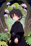 Placeholder: 7 year old boy, friendly, looks dead, with weird mushrooms growing out of him, wearing black robes, in the style of anime
