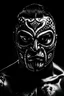 Placeholder: dramatic front black and white portrait of an angry mexican fully masked wrestler, black background, high contrast, realistic style, 4k, depht field