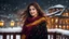 Placeholder: Hyper Realistic Photographic-View of an Extremely-Beautiful Young Happy Pashto Woman with very-beautiful eyes & beautiful brown hair wearing Black Dress with yellow embroidery & maroon-shawl standing on a balcony with beautiful snowfall night with wind-whirling-her-hair showing dramatic & cinematic ambiance.