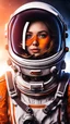 Placeholder: photo realistic of pretty girl astronaut wearing sufficient simple unique mask 70 percent mask of glass and the rest made of chromium metal one layer, color #edb00e, to see outside view of a planet some reflected, smooth mask no buttons nor gadgets, color gradient astronaut mask orange color, enhanced exposure lights, surprised with landscape emotional look delicate athletic body, futuristic appealing intricate meticulously detailed, volumetric lighting, 250 megapixels 8K resolution