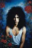 Placeholder: Chiaroscuro lighting, deep shadows, rich deep colors, facial portraits, 1980, 16-year-old Paul Stanley, ((1980's big hair, long, teased up Spikey Motley Crue style hair)), black hair, facial portraits, foggy, cloudy blue wall with assorted designs and multiple floral arrangements in the background, 4k, 8k, 16k, 32k, 100k UHD, Ultra-Hyper Resolution, dark, sultry eyeshadow, eyeliner, mascara, rouge, lipstick, from the rock and roll band KISS