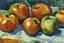 Placeholder: Abstract impasto oil painting of an apples on a table cezanne