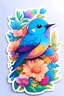 Placeholder: STICKER, A detailed illustration a print of vivid cute blue bird with flowers, floral splash, rainbow colors, t-shirt design, in the style of Studio Ghibli, splash in vibrant colors, 3D vector art, cute and quirky, Adobe Illustrator, hand-drawn, digital painting, low-poly, soft lighting, bird's-eye view, isometric style, retro aesthetic, focused on the character, 4K resolution, using Cinema 4D.