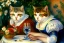 Placeholder: Two cats on a terrace. Auguste Renoir. Perfect brown eyes with perfect iris, perfect pupils.