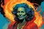 Placeholder: create an imaginative print illustration of an aged and withered female, ornately dressed Moroccan sorceress with finely detailed facial features, wreathed in a maelstrom of fire, in the comic book art style of Bill Sienkiewicz, Mike Mignola, and Jean Giraud Moebius, finely textured, drawn, colored, and inked