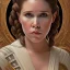 Placeholder: star wars death star background, complete and photo realistic detailed head to waist stunning photo realistic portrait of young carrie fisher as Princess Leia in star wars with photo realistic hairstyle by Mandy Jurgens and mucha and Richard Schmid and chuck close and chie yoshii, extraordinary and detailed ceremony dress of star wars,brown eyes