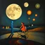 Placeholder: create a surreal night painting inspired by Salvador Dalí, non-human geometric figures of blue father, orange-red mother, and small baby riding a bicycle, abstract triangular trees and floating circles glowing in the dark, large segmented moon dominating the sky, dreamlike reflections on the ground, painterly surreal textures --ar 16:9 --v 7 --style 4b --q 2