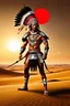 Placeholder: Full legs. Striking portrait of Nantli warrior as anthropomorphic puma, adorned with intricately designed traditional armor and headdress. His face, painted with black and white patterns, radiates a fierce and determined expression. A red sun adorns his headdress, symbolizing strength and power. The background, a vast, golden desert landscape, with a sun setting behind some rocky outcrops. 8k. Full body