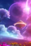 Placeholder: digital illustration, a world full of life divine thrill of biological tranquil sky, flowers, spaceship, bright color splashes, high detailed 8 k,ufo rainbow