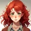 Placeholder: Teenage girl, red curly hair in a low side ponytail, brown eyes, anime style, front facing, looking into the camera