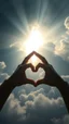Placeholder: A huge beam of light above swirling clouds, emerges from the heart of a raging storm. Turbulent winds of steam swirl around the sun lit by shafts of sunlight that cast dramatic shadows on the A beautiful 2 hands making a heart shape sign , High quality 16k cinematic scene and great photography