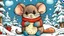 Placeholder: fantasy cartoon style illustration: A tiny mouse is sitting in a handglove on snow