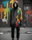 Placeholder: Colorido, Banksy style. Whole body. Masterpiece of a hooded killer Cyborg, his eyes are intense, (((full body))), contrasting colors. Fondo ciudad