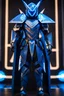 Placeholder: neon blue, floating parts of armor in form of triangles, cyber armor, geometric patterns on armor, male, orbiting triangle