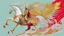 Placeholder: Illustrated rendition of a Polish Winged Hussar with winged armor charging down a hill on white horse holding a large golden sword with psychedelic swirls of color and glitter in reds, whites, golds, and silvers