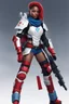 Placeholder: This magazine cover depicts a futuristic female warrior dressed in lightweight combat gear that blends technological aesthetics with fashion elements. The character wears a white jacket adorned with red armor plates, emphasizing protection and agility. A cropped blue tactical vest and denim shorts convey dynamism and strength. The gear includes knee pads, a tactical belt, and multifunctional gloves, highlighting combat readiness. The headgear features goggles and a communication device, enhancin