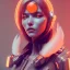 Placeholder: A beautiful portrait of a cute cyberpunk woman facing camera orange color scheme, high key lighting, volumetric light high details with white stripes and feathers unreal 5, octane render, cinema4d, dynamic lighting, dramatic lighting, 4k, redshift render, highly detailed, hyper realistic