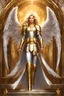 Placeholder: Beautiful angel a mighty paladin stands tall, adorned in gleaming silver armor with intricate gold engravings. The armor is both regal and functional, providing protection while exuding an aura of righteousness. The paladin's face is stern, framed by a flowing mane of golden hair, and their eyes radiate a sense of unwavering determination. Clutched in one hand is a finely crafted pistol, its barrel adorned with sacred symbols. The pistol itself appears to be a blend of traditional craftsmanship