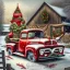 Placeholder: old vintage red Ford pickup truck with decorated Xmas tree in bed of the truck.. In the background is a weathered barn. Snow is falling. Mood is festive. "Take a little Xmas with where ever you go" is written on bottom.
