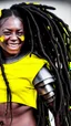 Placeholder: A woman has dark skin, yellow eyes and black dreadlocks. Her face has a slying smile, showing her superiority in the eyes of others. She is dressed in a steel armor with a few pieces of yellow and green fabric sticking out.