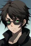 Placeholder: An anime boy with black eyes and hair, wearing a black jacket and sunglasses