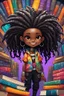 Placeholder: A sassy futurism ABSTRACT colorful art cartoon black chibi girl troll LOOKING DOWN, surrounded by colorful BOOKS. Looking up coyly, she grins widely, showing her Teeth. Highly detailed black shiny dread locs , regal expression.