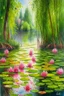 Placeholder: Vintage watercolor on a wet old canvas overgrown lake with weeping willows in the forest, pink water lilies float on the lake, fir trees, flowers, bells, herbs, bushes, vintage, realistic, summer, many details, colored pencil drawing, botanical, realistic, filigree, dark botanical, lumen, glare of the sun on the smooth surface of the lake, hyperrealism, the sun through the foliage, subtle drawing in black ink, in the style of A.Zhado