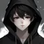 Placeholder: Realistic animated boy with white skin, short and messy hair that is black with white streaks through it, wearing black cloak less kawaii