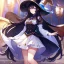 Placeholder: Clear focus, High resolution, Black long fluffy hair, purple eyes, wearing a witch outfit, wearing a white short skirt