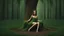 Placeholder: woman made of tiny green leaves, legs formed by branches, sitting next to a tree stump, in a green wood