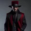 Placeholder: create a luxury long asymmetrical black mens wool coat with oversized shoulders and a black long sleeve shirt with a collar under it and silver metallic details worn by a black male model with a wine red, black nepalisian hat