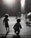 Placeholder: children playing on the street capture them against the sun and make an art silhouette, details, sharp, black and white