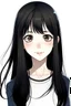 Placeholder: A girl has long straight black hair woth big eyes big nois and a small mouth tall and slim on a big house real