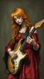 Placeholder: Hieronymus Bosch style , a blond women with red hair playing the electric guitar