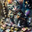 Placeholder: Cute little Harlequin cat patchwork art by cameron gray epic poster, Hyper realistic cat clown. sits on a pile of fish bones watercolor painting, Jean-Baptiste Monge style, bright, beautiful in spring, splash, big perfect eyes, rim lighting, lights, magic, fantasy, digital art, wlop, artgerm and james jean Modifiers: 8k cinematic lighting photorealistic 4K 3D crisp quality hdr Ultra realistic Gian Lorenzo Bernini Geometric and cubist