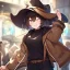 Placeholder: Clear focus, High resolution, short brown spiky hair, hair between eyes, eyes closed, wearing a brown detective hat, wearing a brown jacket and a black shirt, wearing black shorts, 1girl, pulling hat down, smiling, wearing a oversized hoodie