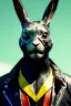 Placeholder: Medium Close Up Portrait, Front image. cyberpunk, rabbit mask, spanish man, white short hair. leather, titanium suit. Yellow, black, red, color. Retro futuristic style. Color background, photo studio. Avatar image, highly detailed, concept art, smooth, unreal engine 5, god rays, ray tracing, RTX, lumen lighting, ultra detail, volumetric lighting, 3d, finely drawn, high definition, high resolution.