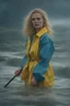 Placeholder: In the music video, a 23-year-old woman with blonde hair and bright blue eyes stands in the sea, dressed in a yellow fisherman's jacket. She holds an umbrella, but it offers no protection from the pouring rain. Around her, seahorses are moving. The rain is pouring heavily. She is standing in the middle of the sea. You can see here completely. The rain is pouring really really hard. horses